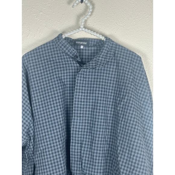 Eskandar Size 0 Top Button Down Oversized Lagenlook Gray Gingham Cotton Shirt - Picture 2 of 12